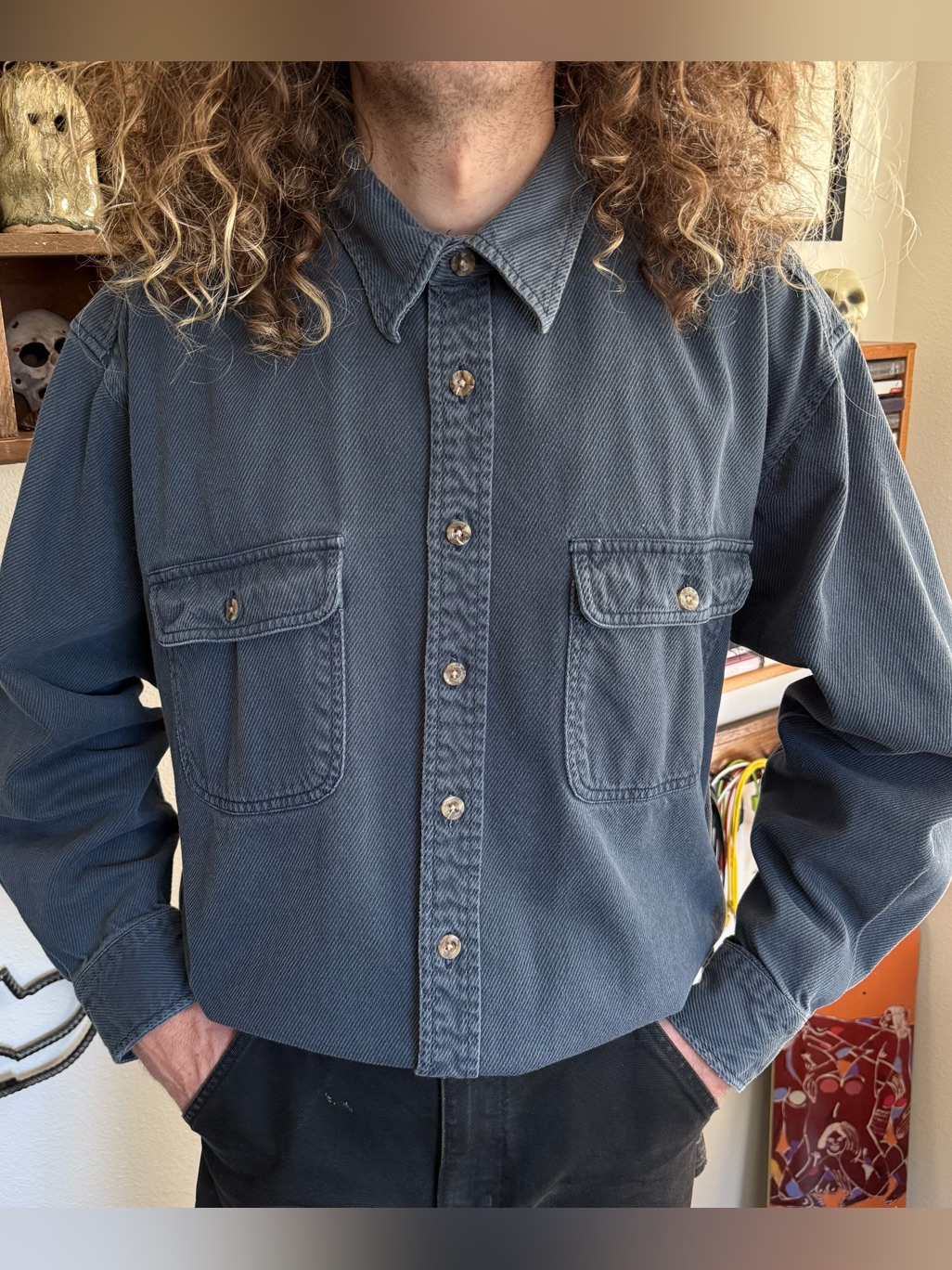 Vintage 90s Blue Heavy Cotton Twill Button Down Utility Shirt ~ Size Large